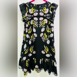 Cynthia Rowley Black Silk Dress with Pink and Yellow Floral Design